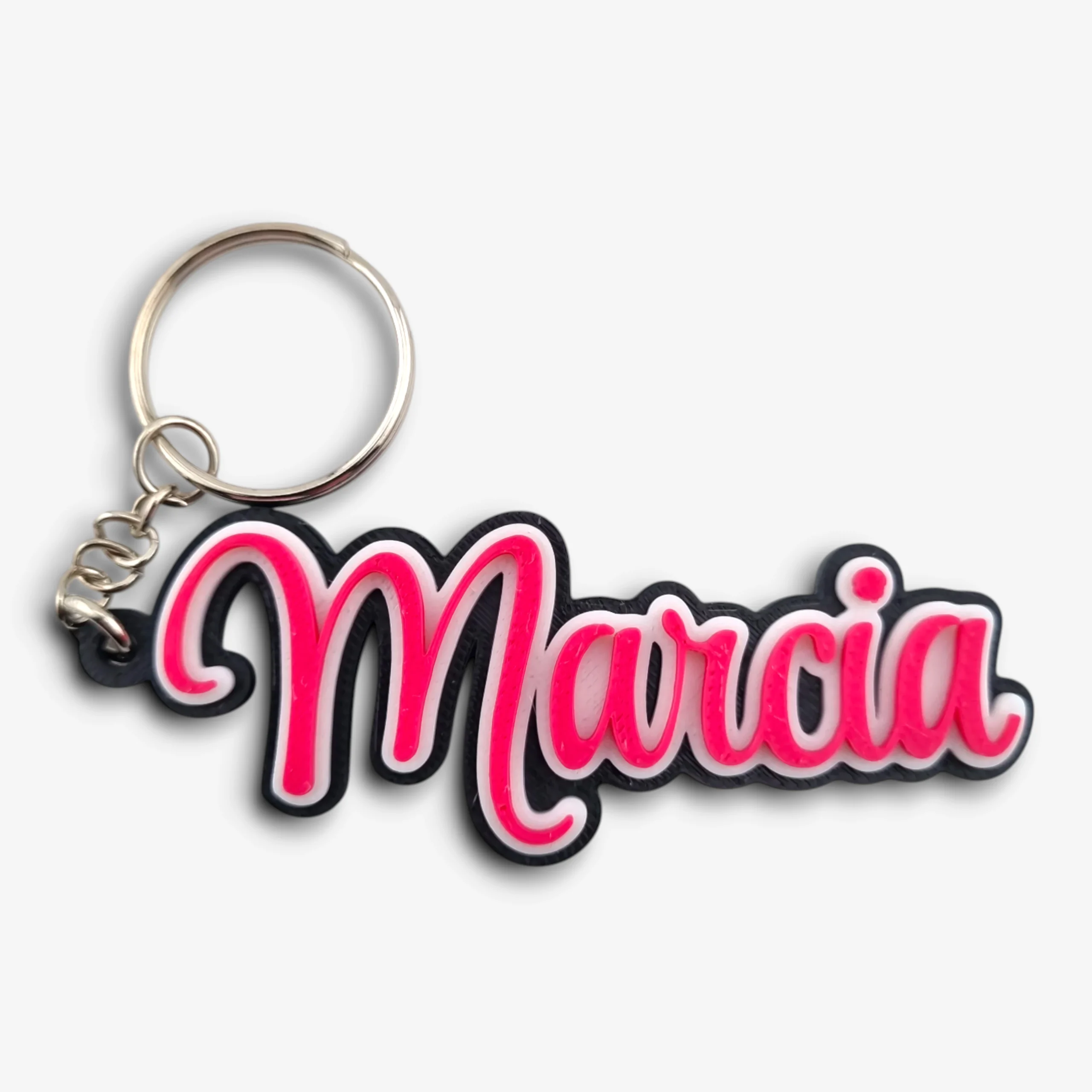 Personalised 3D printed name keychain in black, white and pink
